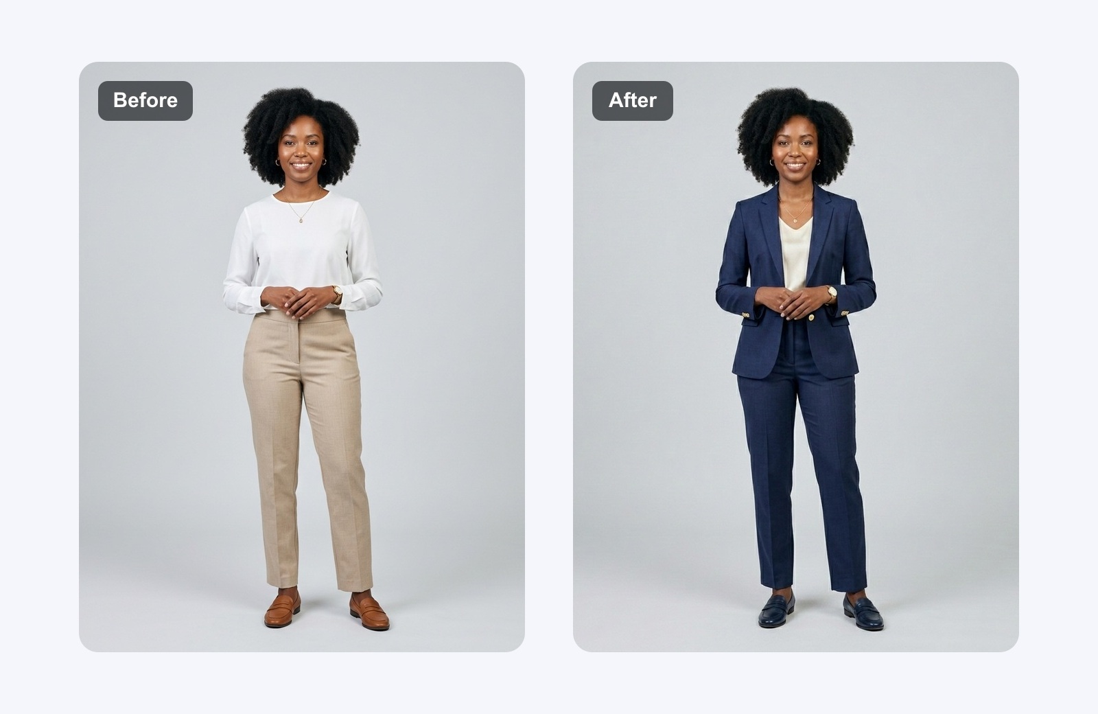 Before and after business outfit transformation generated by AI