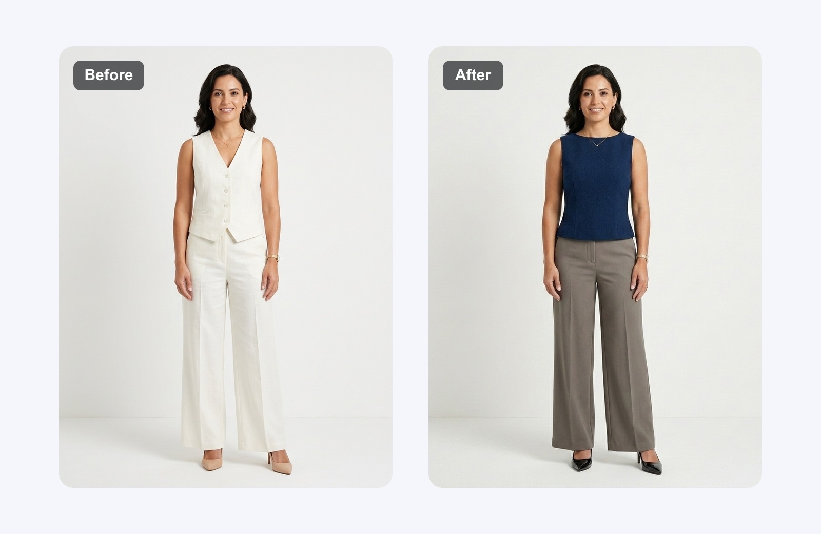 Before and after AI outfit generator example with a formal model photo