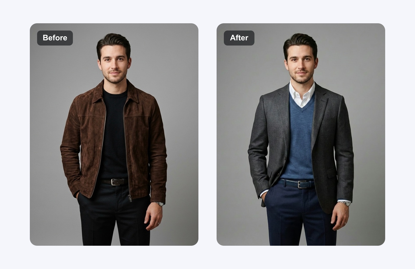 Before and after smart casual outfit transformation generated by AI