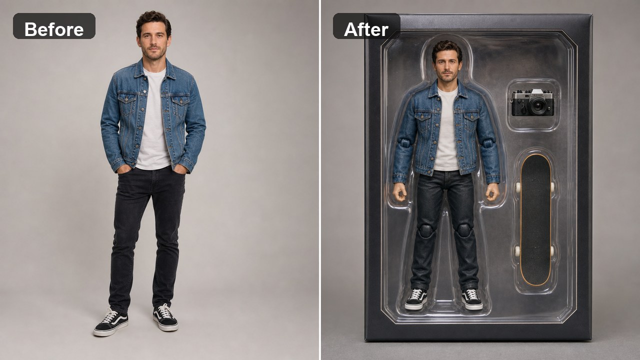 AI action figure generator personal gift mockup before and after