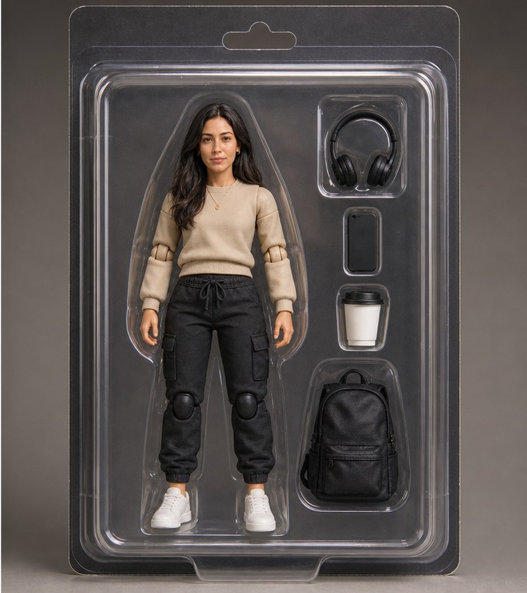 Boxed collectible output after AI action figure generation