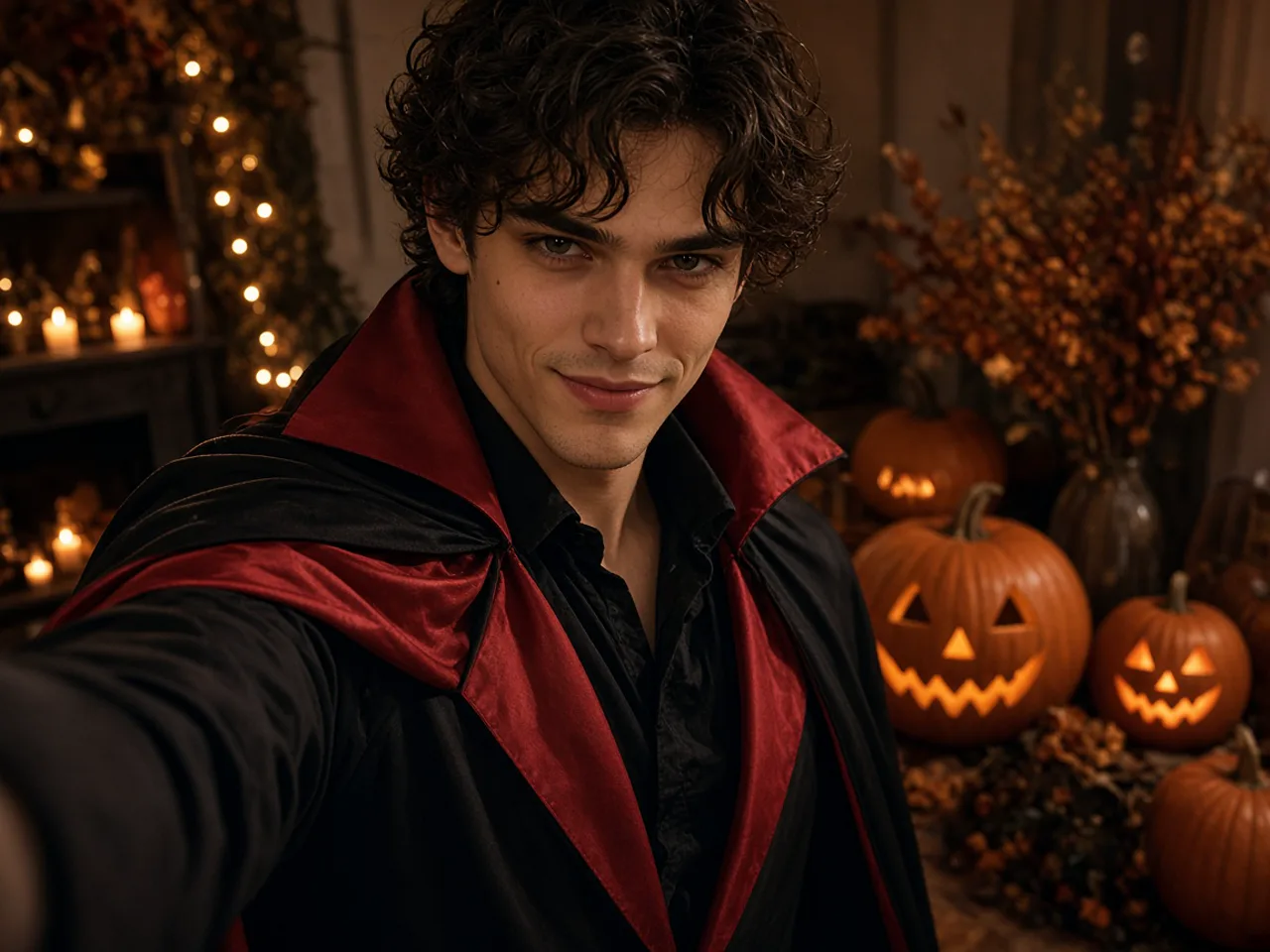 Person in a vampire cape taking a Halloween selfie beside glowing jack-o'-lanterns