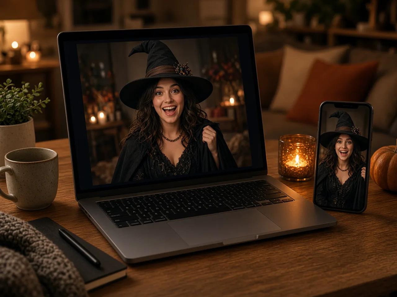 Laptop and phone showing a finished witch costume reveal on a desk