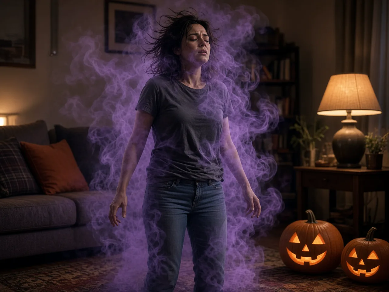 Person in everyday clothes wrapped in purple smoke during a Halloween costume change