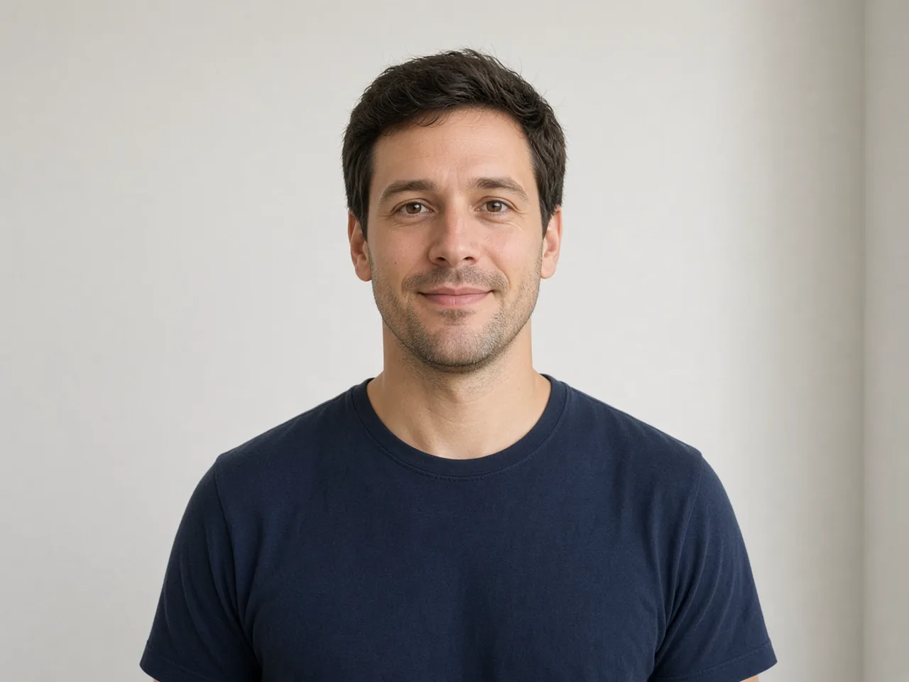 Adult facing the camera in a plain navy shirt against a clean wall