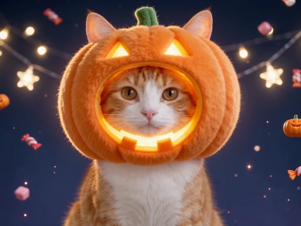 Orange cat wearing a glowing pumpkin hat