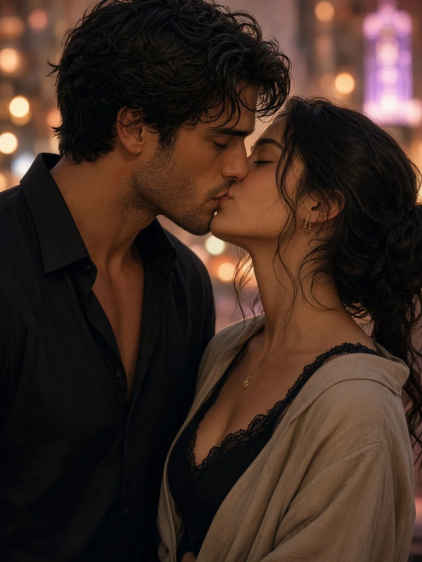 Fictional adults in a city evening almost-kiss