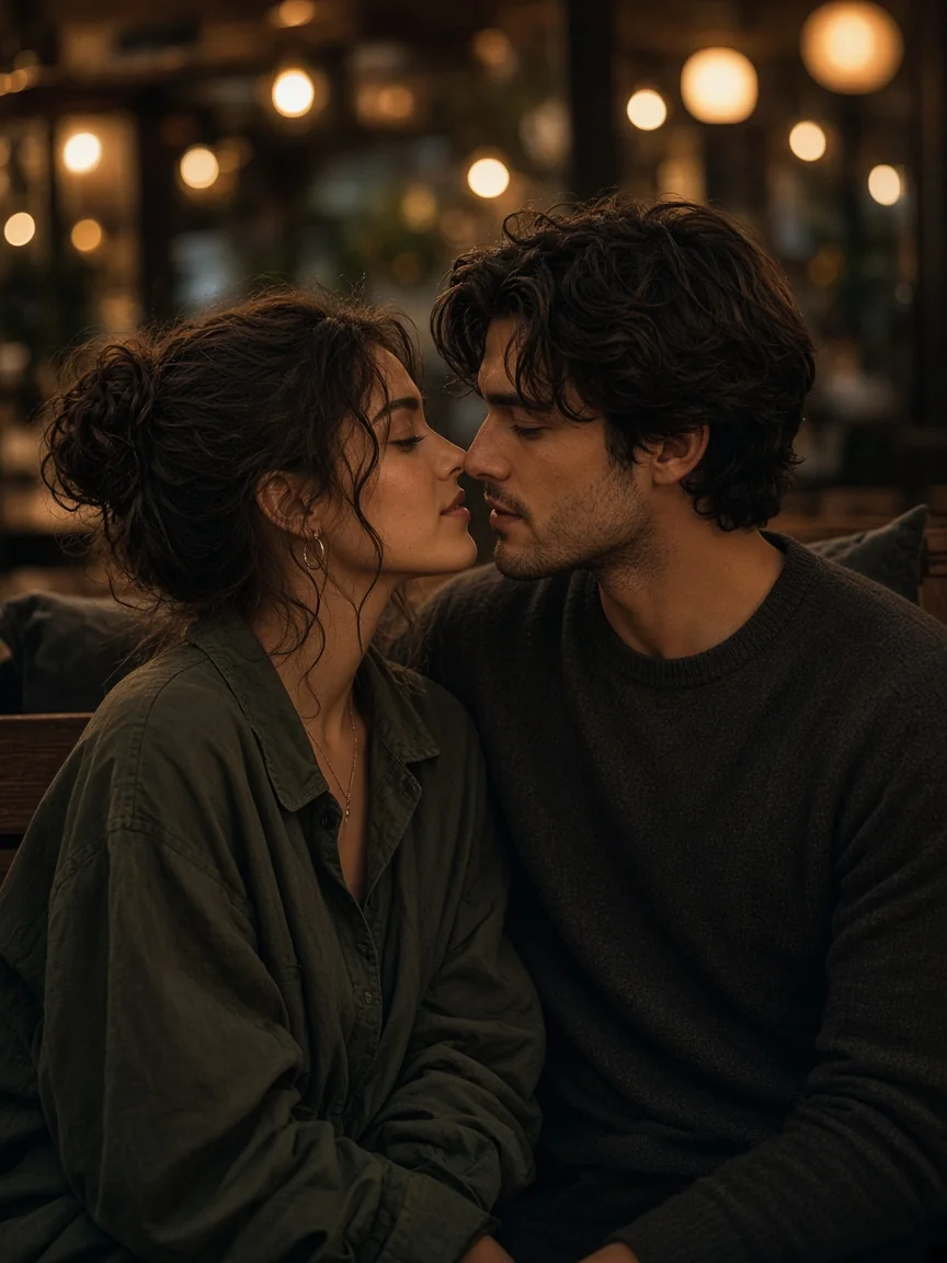 Cafe bokeh couple close-up used to review frames