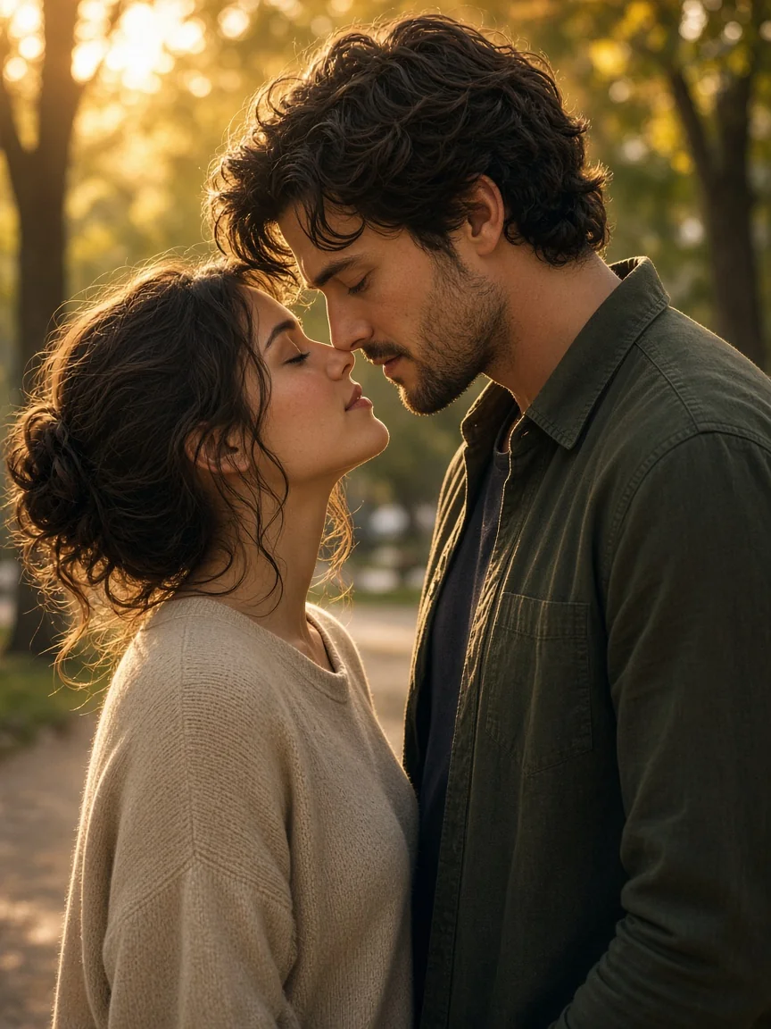 Park golden-hour couple pose for tender motion