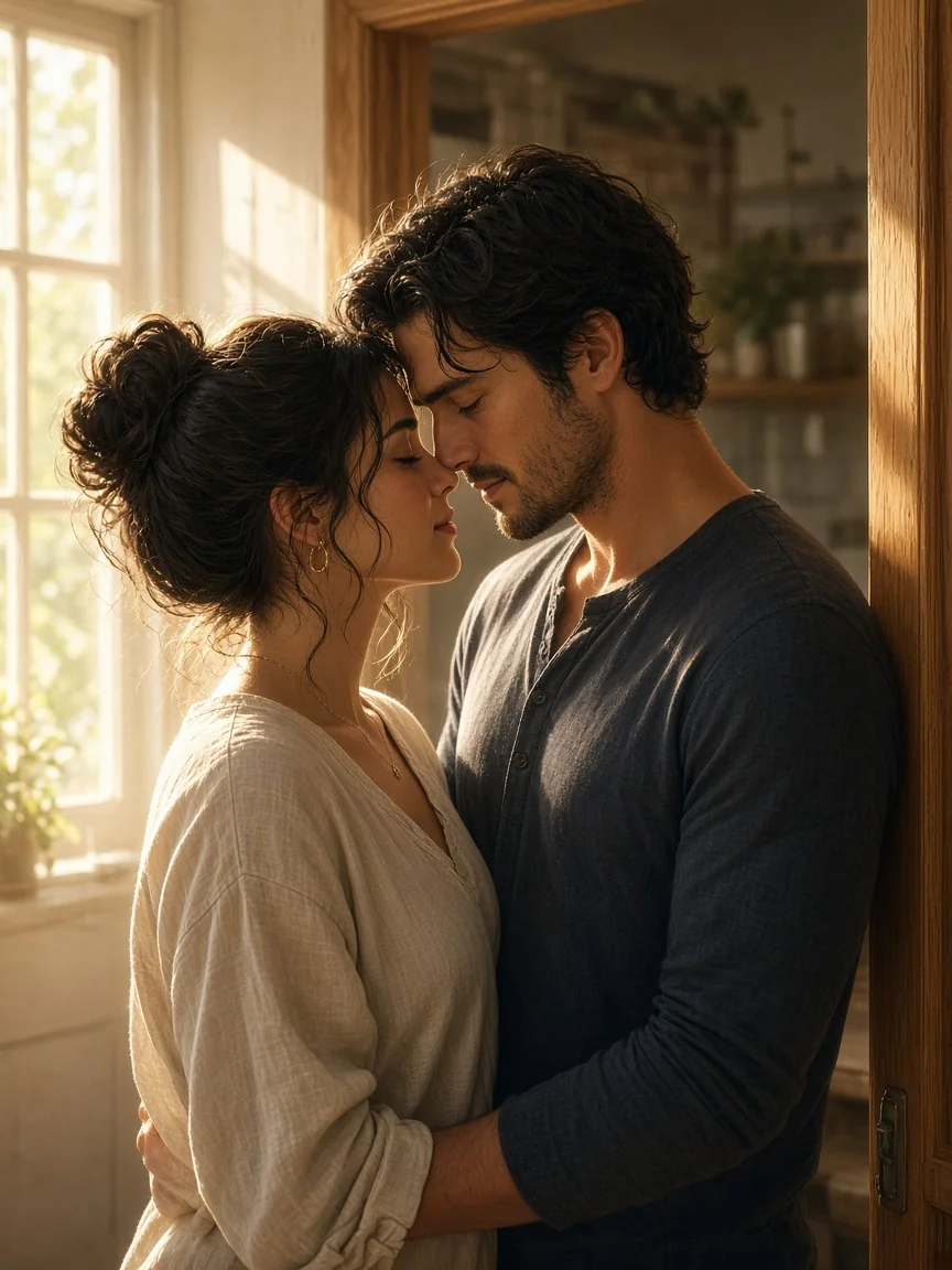 Home doorway couple still suitable for a soft kiss
