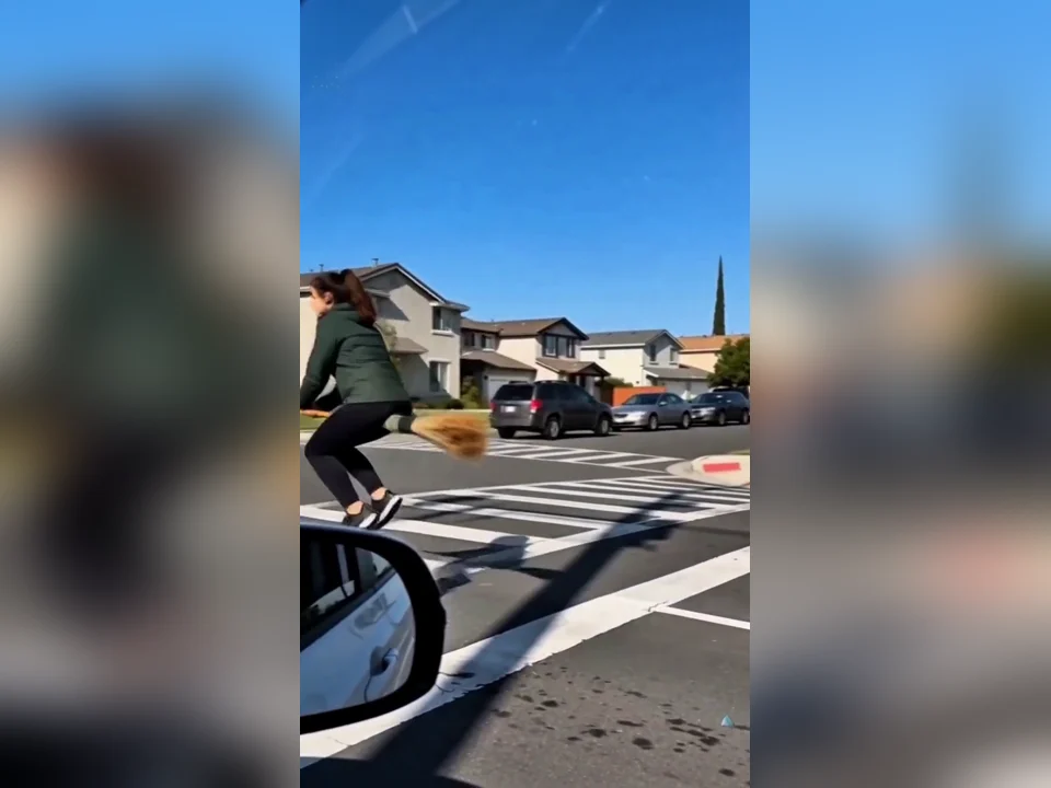 Broom rider in a green jacket gliding away from the car along the crosswalk