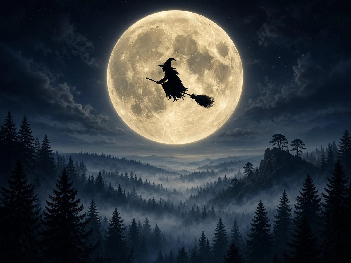 Silhouette of a witch riding a broomstick across a full moon
