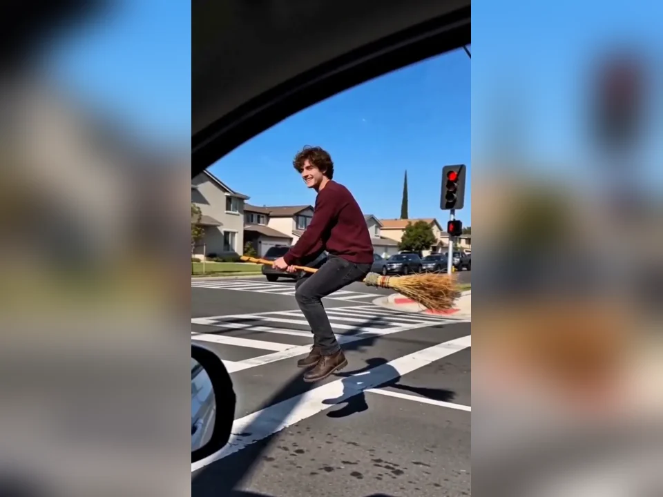 Man in a burgundy sweater riding a wooden broom low over a crosswalk next to a car