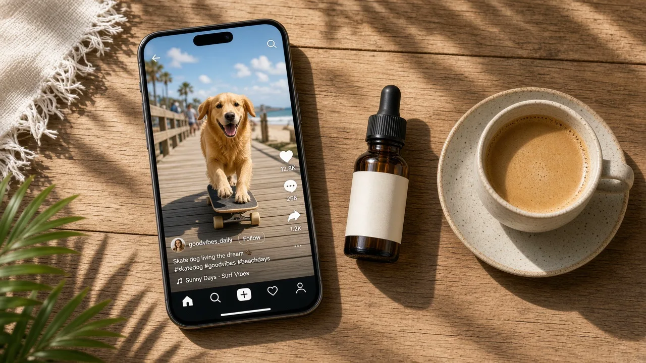 Phone showing a short social video next to everyday objects