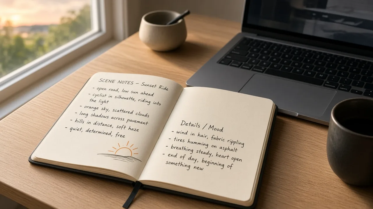 Notebook with scene notes for writing a video prompt