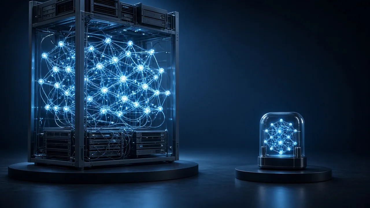 Large model rig beside a compact glowing replica