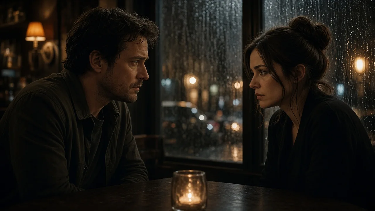 Two people talking across a rainy cafe table