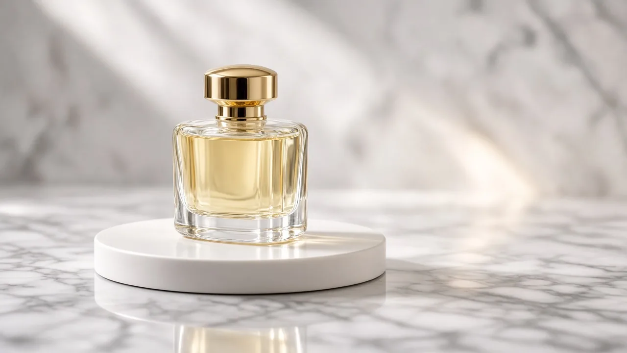 Glass perfume bottle on a white turntable