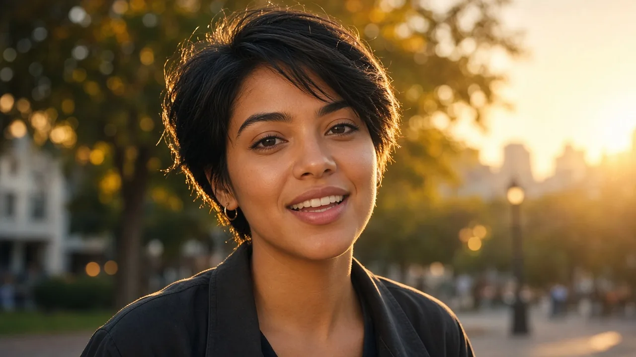 Young woman speaking to camera at golden hour