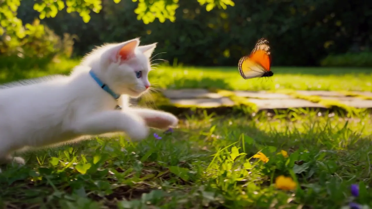 Kitten leaping toward a butterfly
