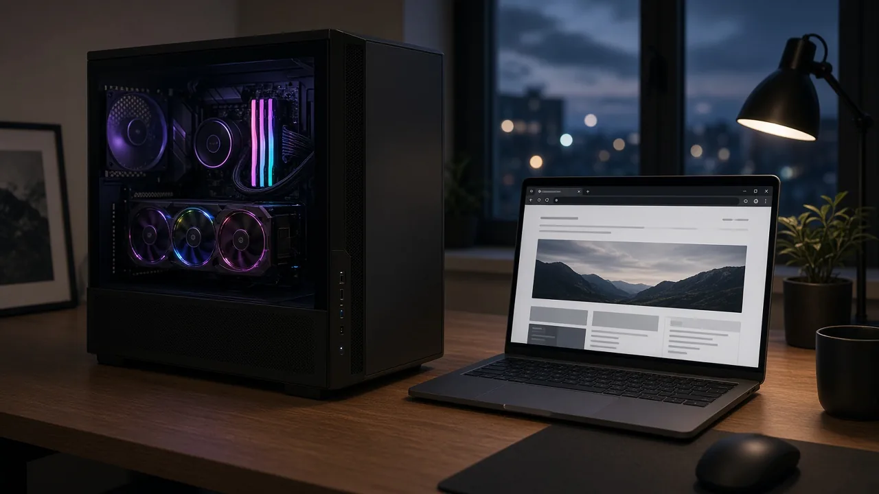 Desktop GPU tower next to a laptop browser