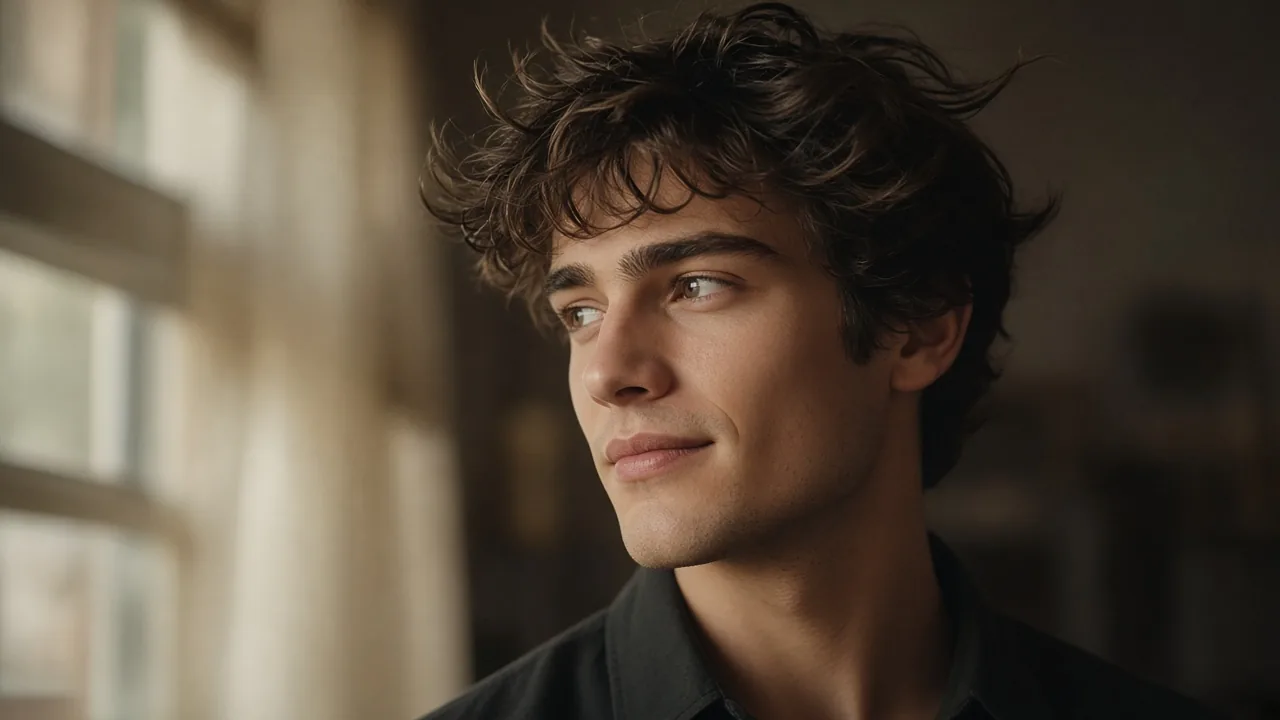 Young man by a window with soft wind in his hair