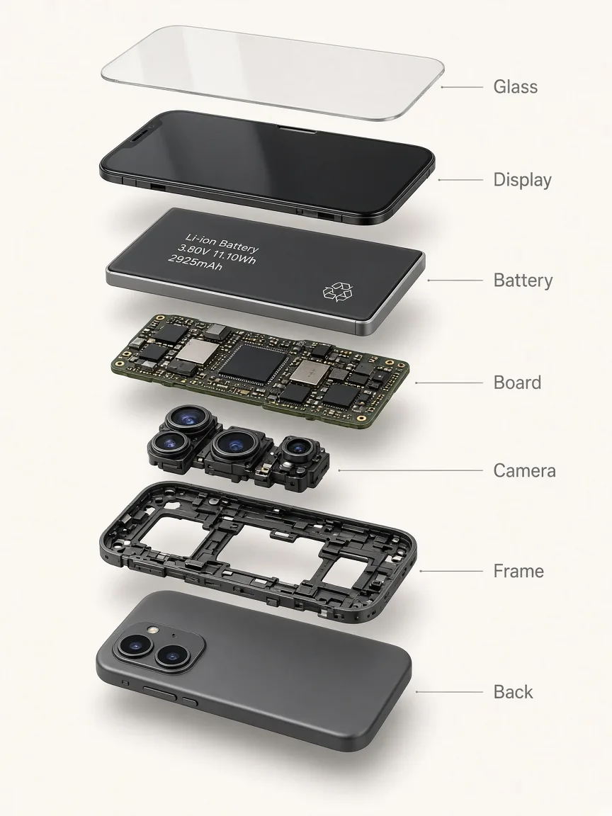 Exploded smartphone diagram with labeled internal parts