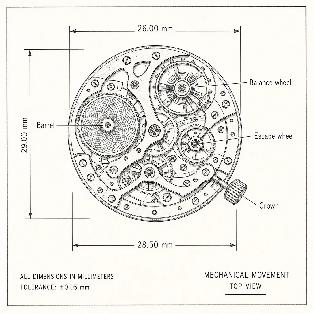 Line diagram of a mechanical wristwatch movement with labels