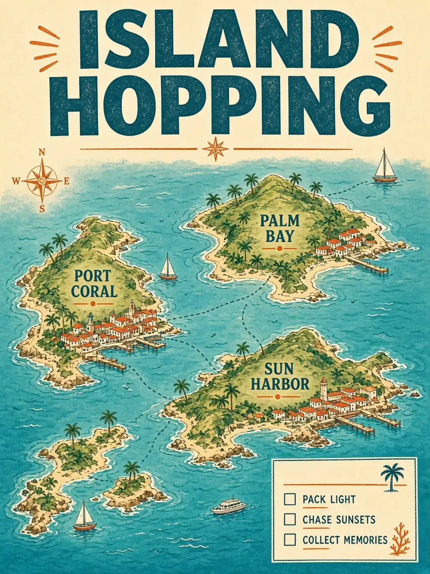 Illustrated island map poster titled Island Hopping with town labels