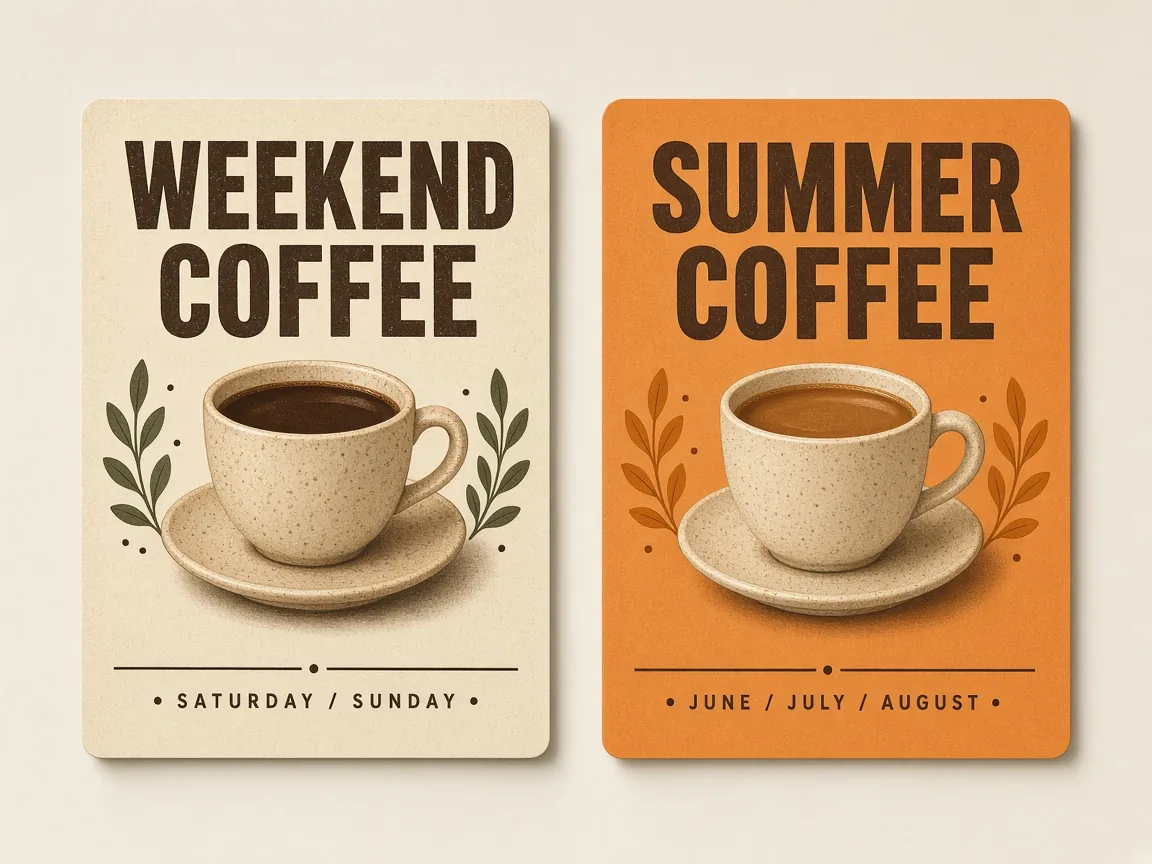 Two versions of a coffee poster with the headlines Weekend Coffee and Summer Coffee