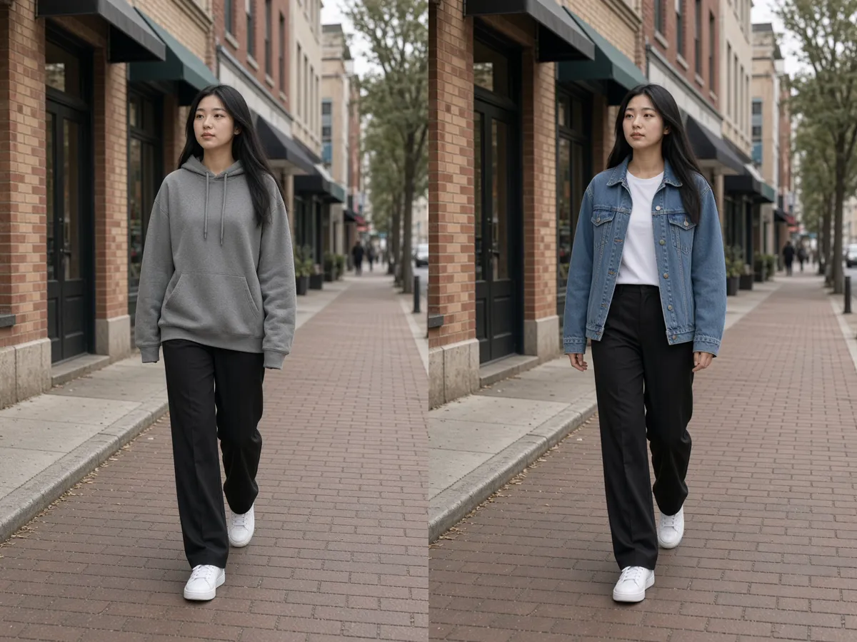 Side-by-side stills: young woman walking in a grey hoodie; same stride in a denim jacket over a white T-shirt