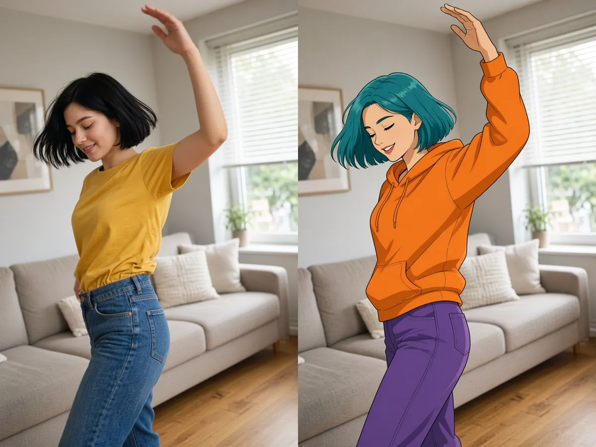 Side-by-side stills: woman with black bob in yellow T-shirt dancing in a living room; anime-style girl with teal hair in the same pose