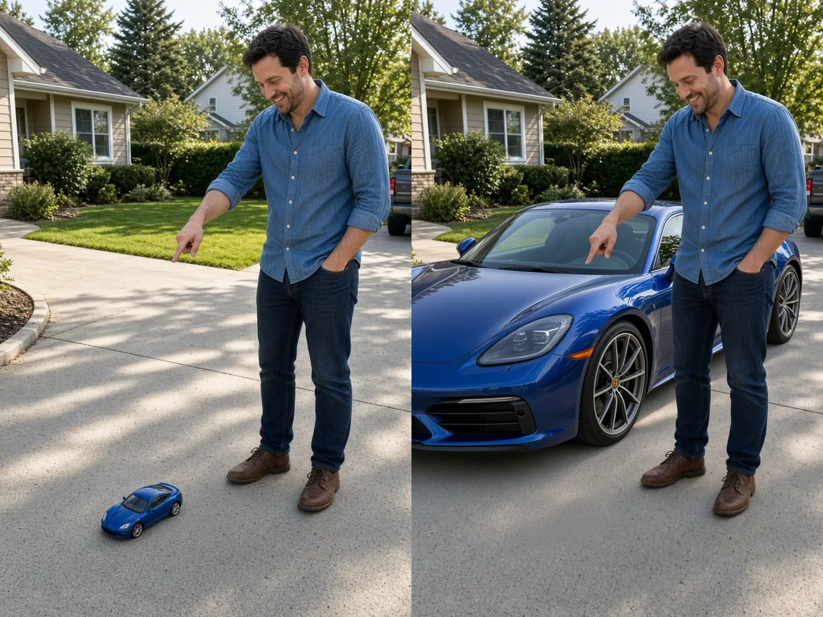 Side-by-side stills: man pointing at a small blue toy car; same pose beside a full-size blue sports car