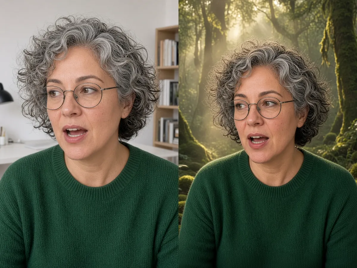 Side-by-side stills: woman with curly grey hair talking in a white office; same head turn in front of a misty sunlit forest