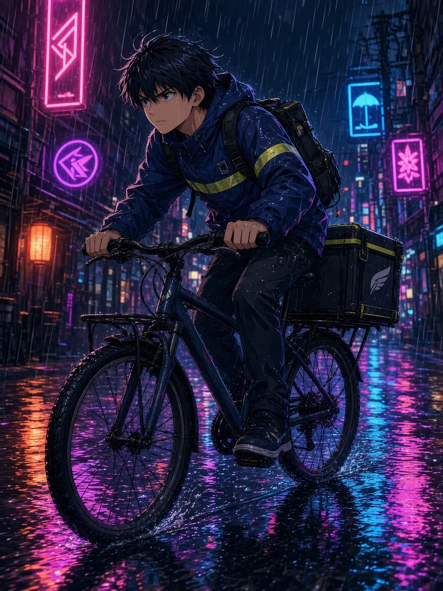 Anime-style courier cycling through neon-lit rain