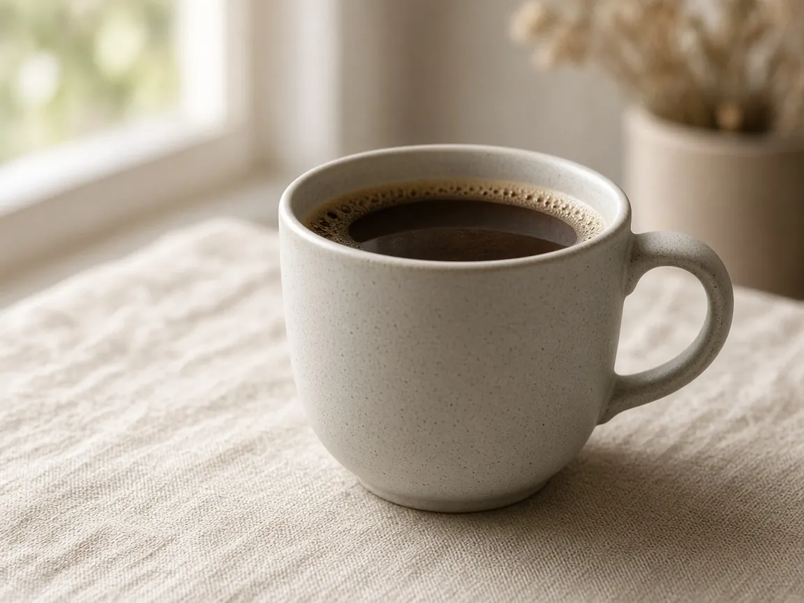 Matte ceramic coffee cup on a linen tablecloth in soft window light