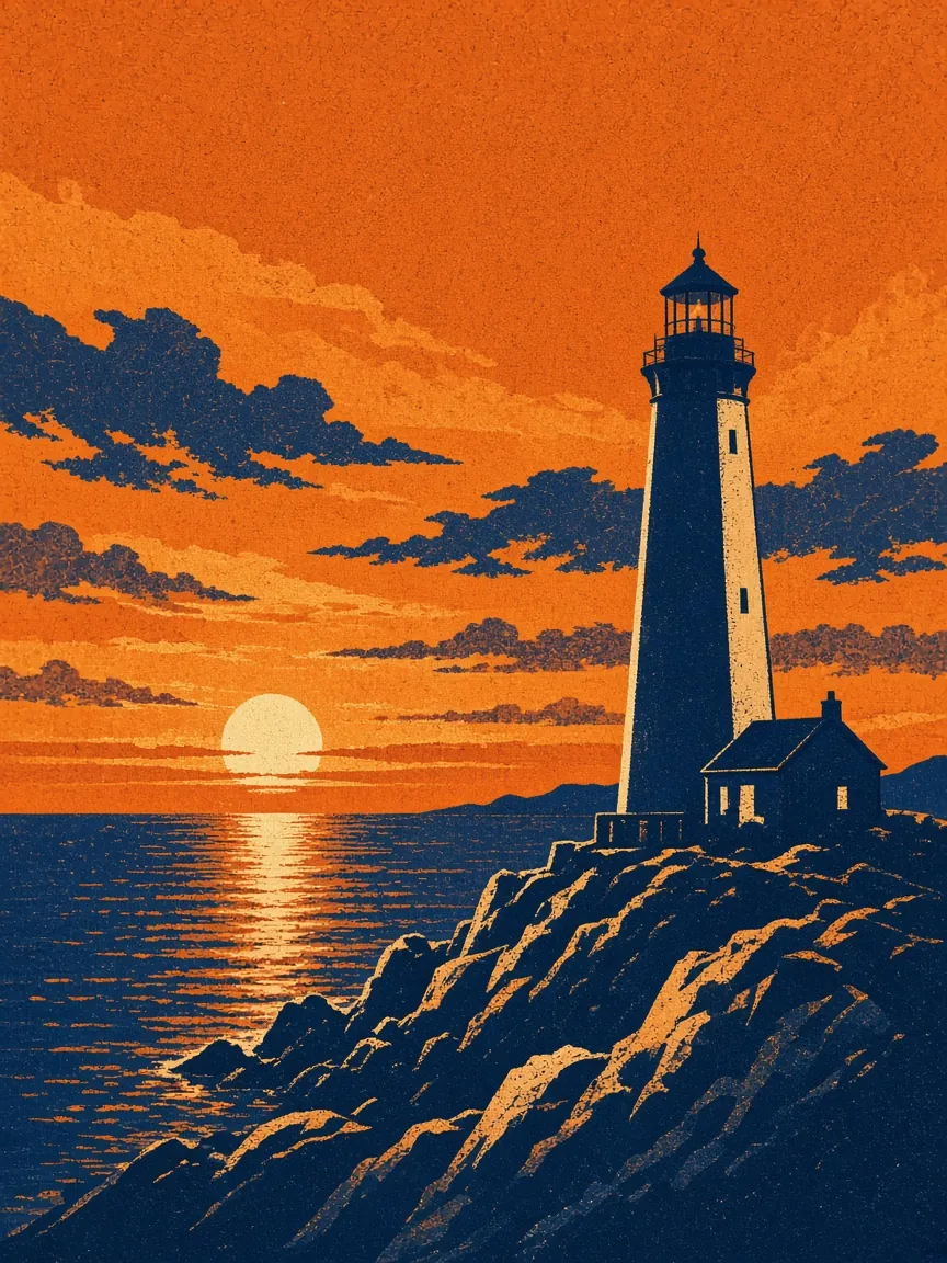 Lighthouse on a rocky coast at sunset in orange and navy screen-print style