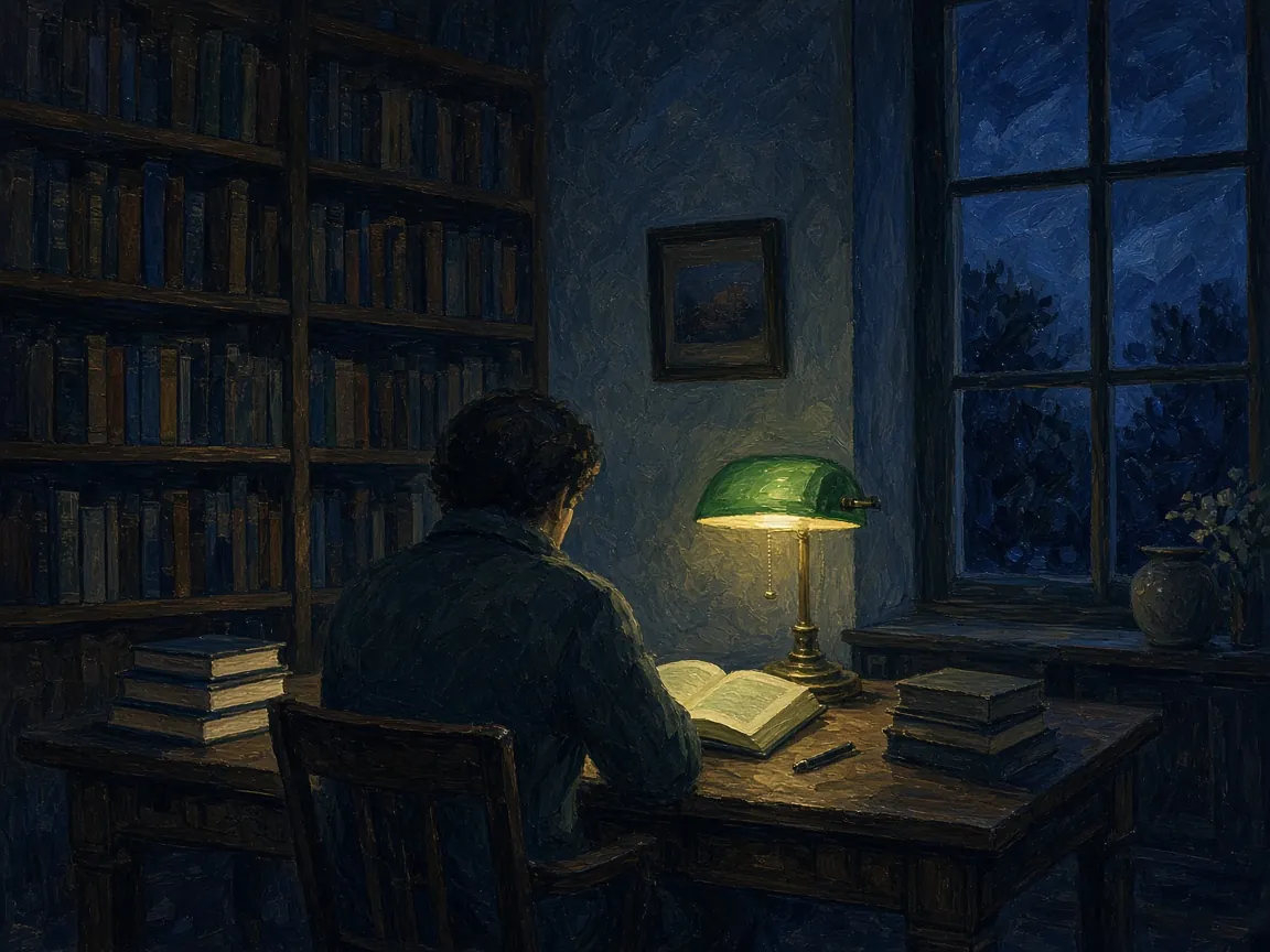Gouache painting of a reader under a green lamp in a night library
