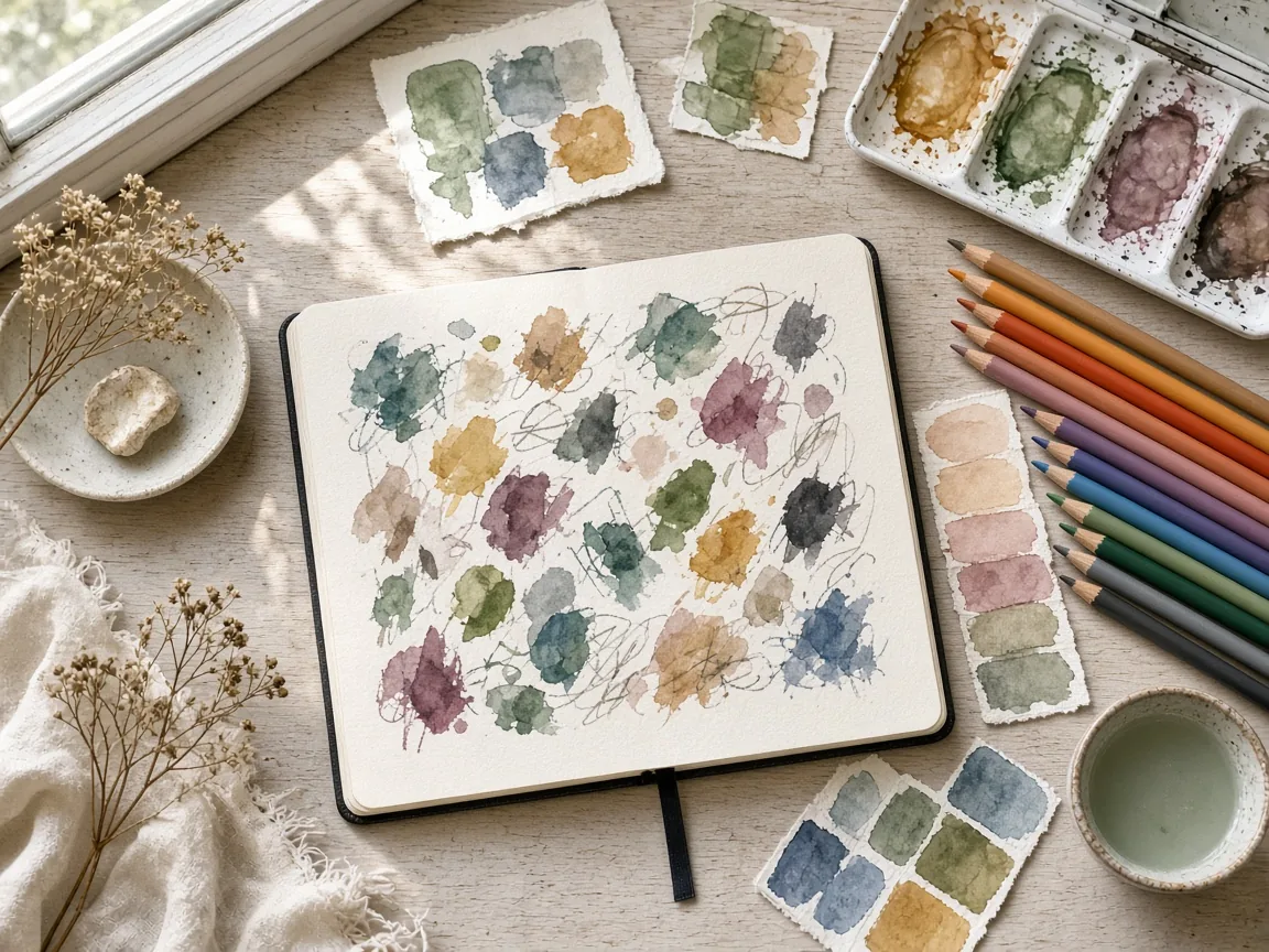 Sketchbook and colour swatches on a studio desk