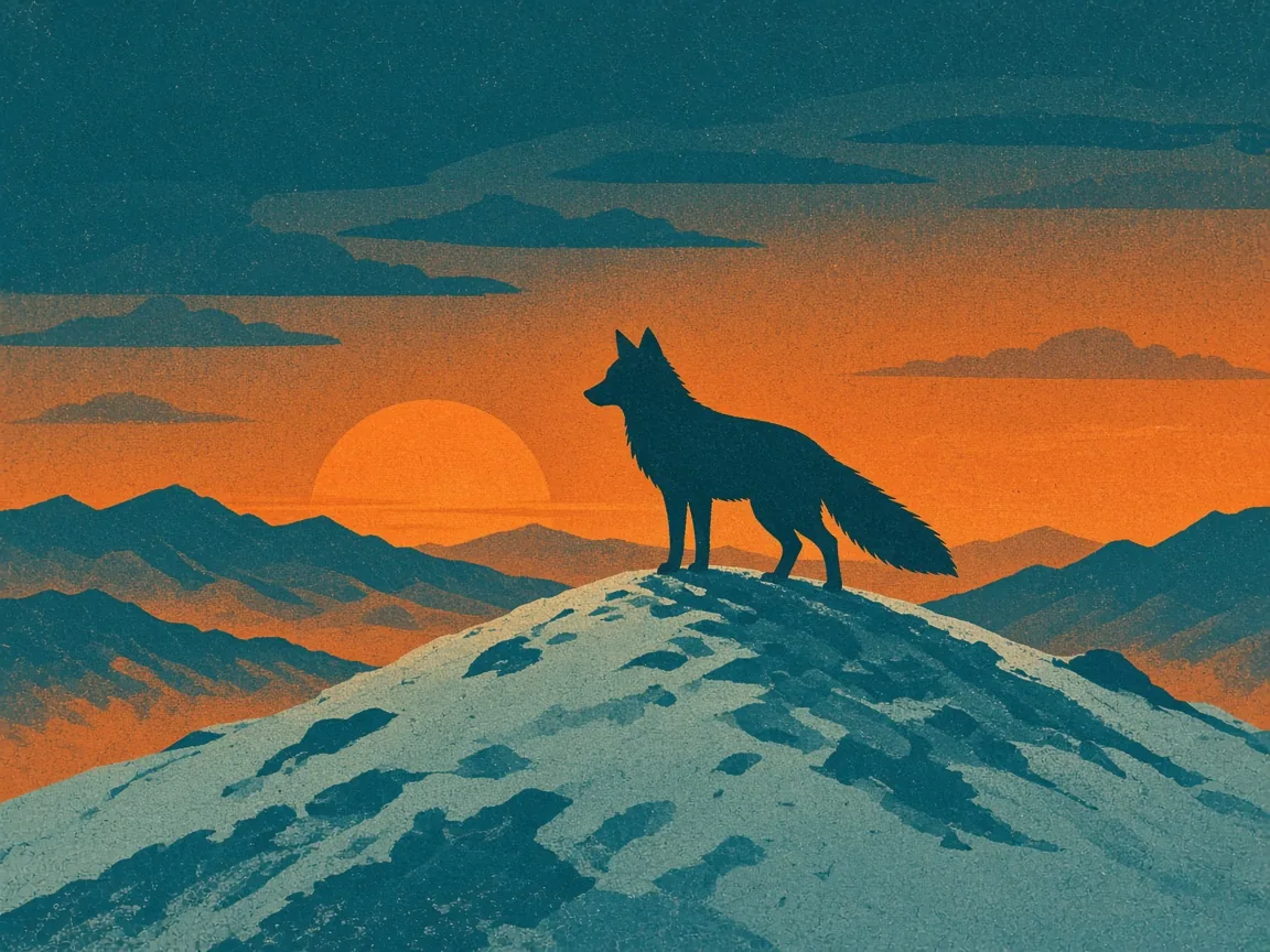 Screen-print fox on a snowy hill at dusk