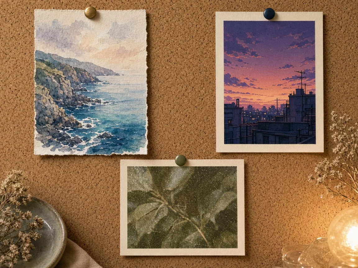 Moodboard of watercolour, anime and film studies