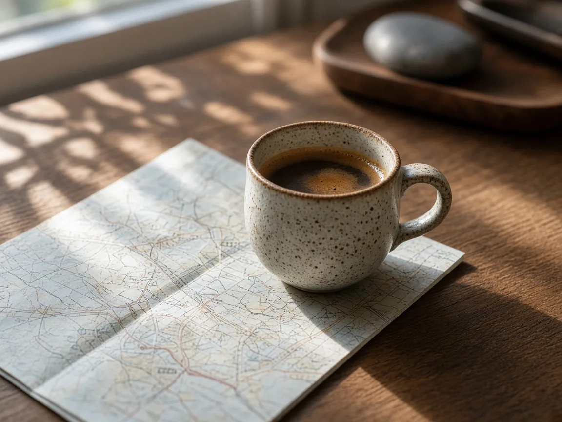 Ceramic coffee cup on a folded map in morning window light