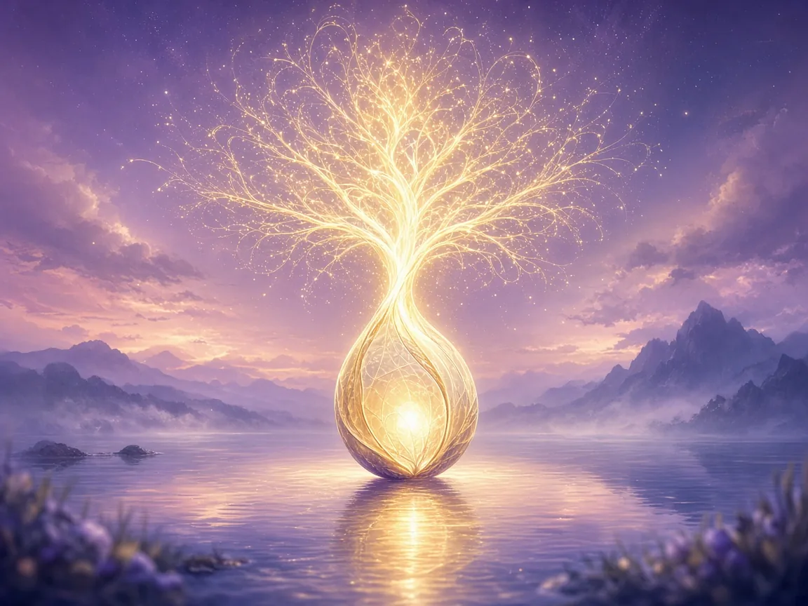 Glowing seed sprouting a tree of light over a twilight lake