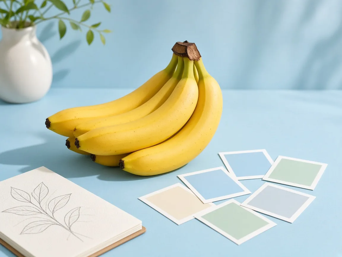 Ripe bananas beside pastel colour swatches and a sketchbook
