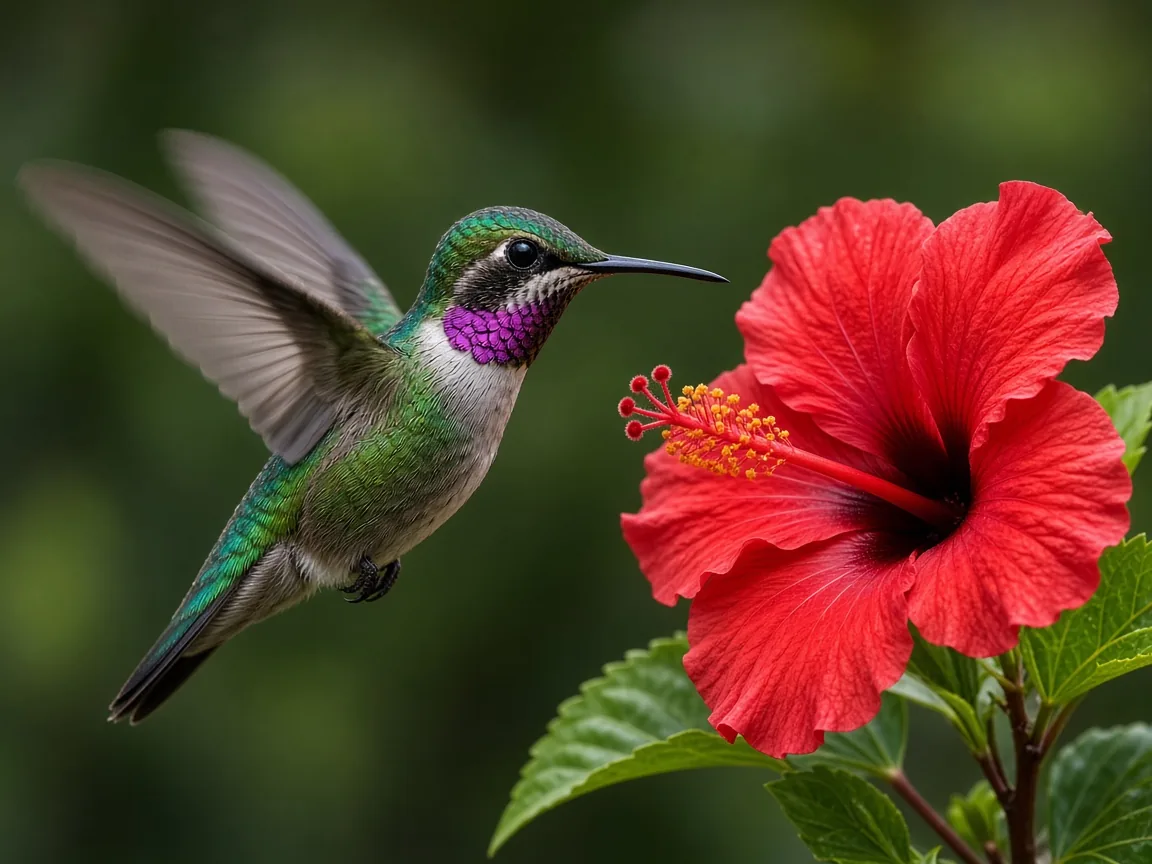 Hummingbird hovering by a red hibiscus flower in fine detail