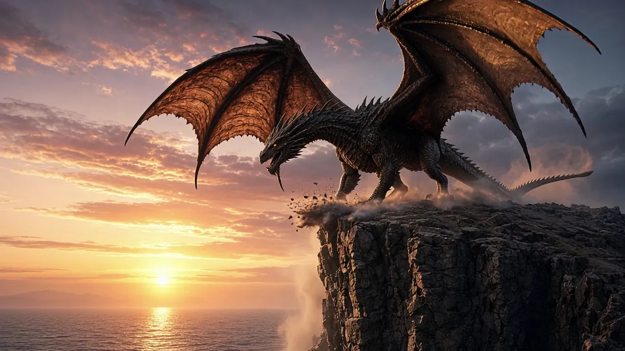 Dragon with spread wings landing on a sea cliff at sunset