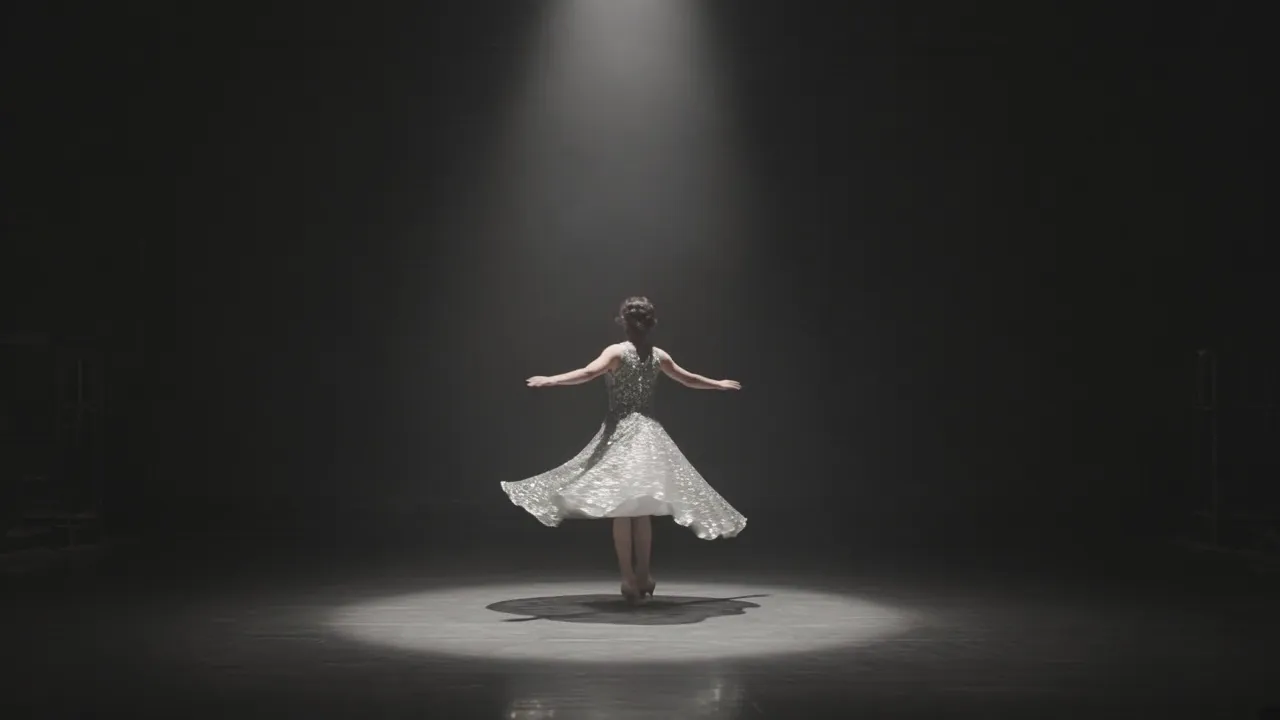 Dancer in a silver dress spinning under a spotlight in the center of a dark stage