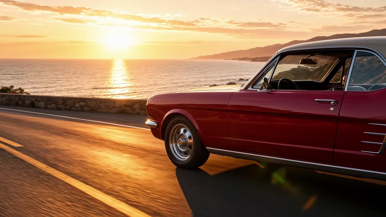 Red vintage car on a coastal road at sunset