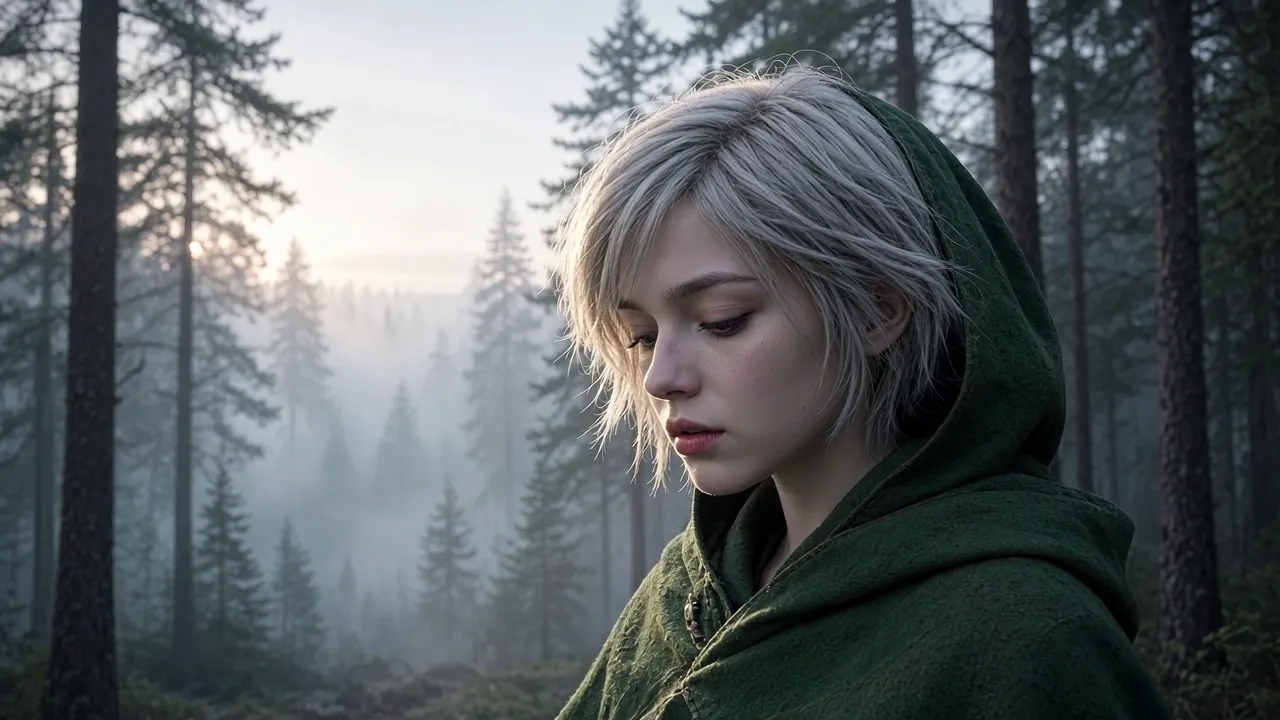 Silver-haired young woman in a green hooded cloak in a misty pine forest