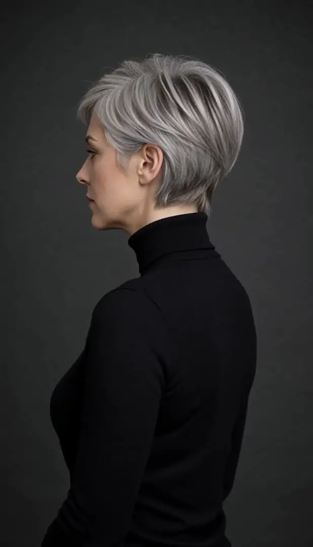 Woman with short silver hair in a black turtleneck turned to show her profile against a dark grey backdrop